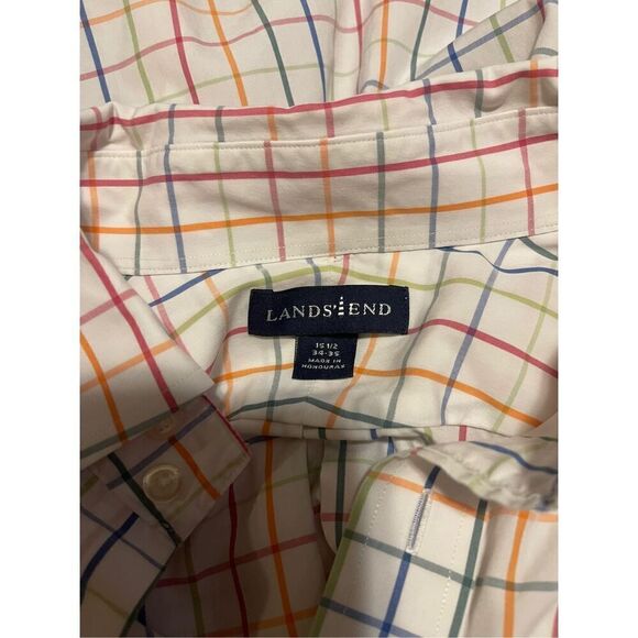 Lands End Mens Multicolor Tattersall Plaid Classic Button Down Shirt Size 34-35 - Picture 7 of 11